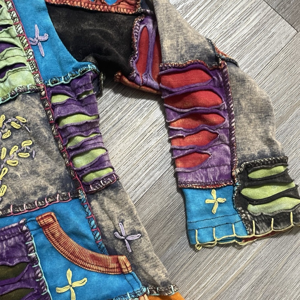 VTG LITTLE KATHMANDU Avant Garde Kids Sz 4 Zip Hoodie Patchwork Embroidered Boho - Picture 5 of 10